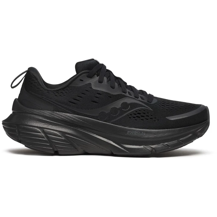 Black athletic running shoe with a thick, cushioned sole and mesh upper for breathability, featuring a sleek design with subtle branding.