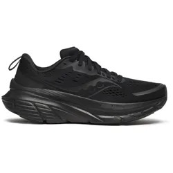 Black athletic running shoe with a thick, cushioned sole and mesh upper for breathability, featuring a sleek design with subtle branding.