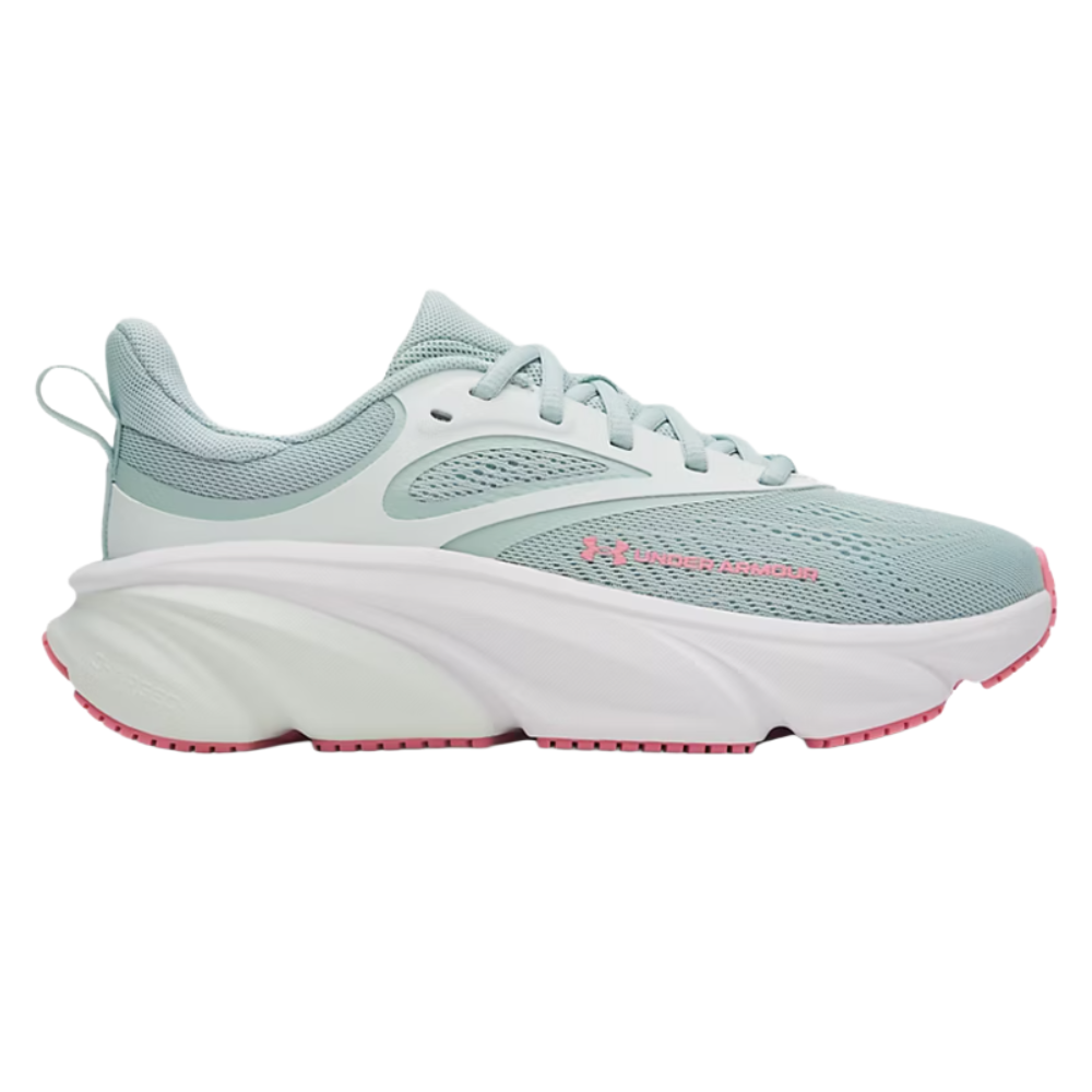 Light blue athletic shoe with a chunky white sole, pink detailing, and a mesh upper for breathability, featuring Under Armour branding.