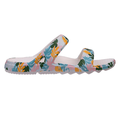 A colorful sandal with a floral pattern featuring pink, blue, yellow, and green leaves, designed with two straps and a textured sole.