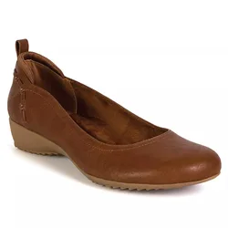 A brown women's wedge shoe with a low heel, featuring a rounded toe and decorative stitching along the sides.
