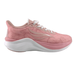 Pink athletic running shoe with a mesh upper, white laces, and a thick dual-toned sole for added cushioning and support.