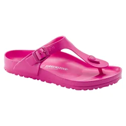 Bright pink Birkenstock EVA sandal with an adjustable buckle and thong strap design, featuring a textured footbed and sole.